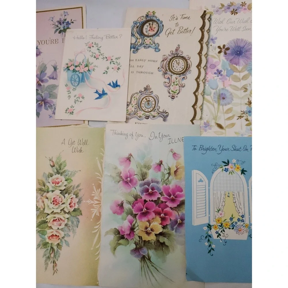 14 OldVintage Used Get‎ Well Greeting Card Fronts Crafts Flowers Clock Bluebird